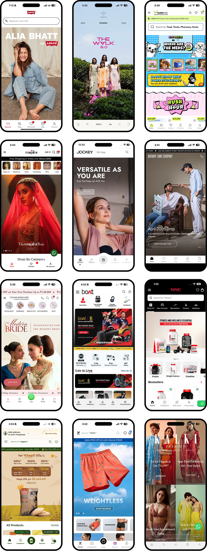 AppMaker-built app home screens — Levi’s, Masaba, Jockey, boAt, GNC and more
